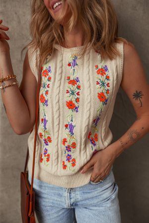 Women’s Beige Sleeveless Knitted Sweater with Floral Embroidery
