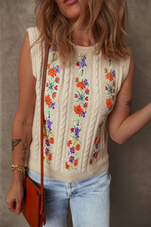 Women’s Beige Sleeveless Knitted Sweater with Floral Embroidery