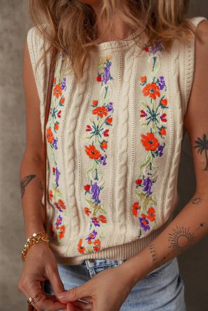 Women’s Beige Sleeveless Knitted Sweater with Floral Embroidery