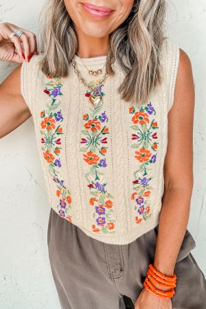 Women’s Beige Sleeveless Knitted Sweater with Floral Embroidery