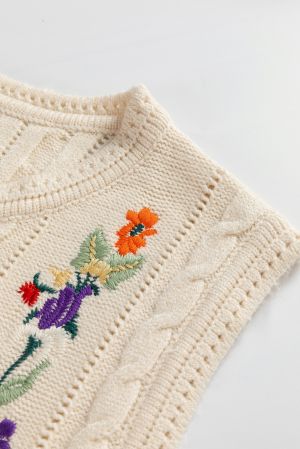 Women’s Beige Sleeveless Knitted Sweater with Floral Embroidery