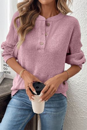 Women’s Pink Henley Neck Ribbed Top with Front Pocket