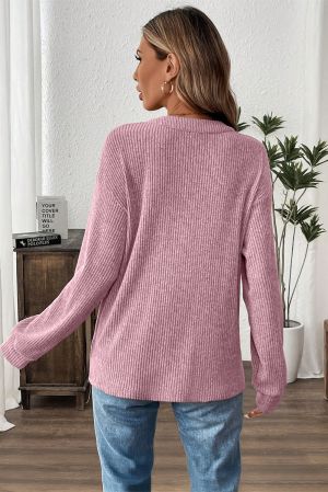 Women’s Pink Henley Neck Ribbed Top with Front Pocket