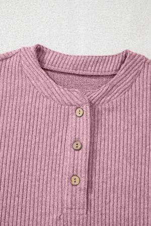 Women’s Pink Henley Neck Ribbed Top with Front Pocket