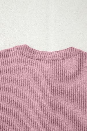 Women’s Pink Henley Neck Ribbed Top with Front Pocket