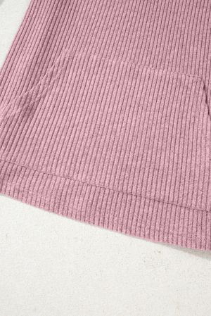 Women’s Pink Henley Neck Ribbed Top with Front Pocket
