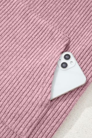 Women’s Pink Henley Neck Ribbed Top with Front Pocket