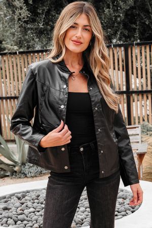 Women's Black Faux Leather Jacket with Button Front and Boxy Fit