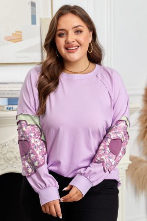 Women’s Plus Size Lavender Top with Floral Patchwork Sleeves