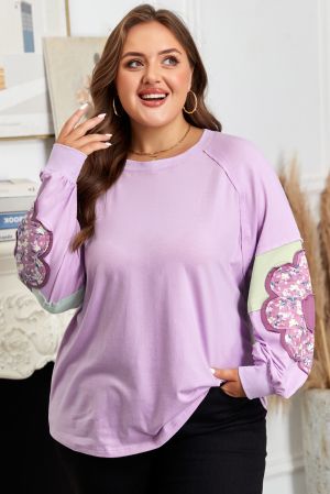 Women’s Plus Size Lavender Top with Floral Patchwork Sleeves