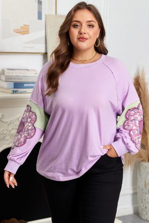Women’s Plus Size Lavender Top with Floral Patchwork Sleeves