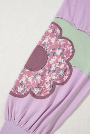 Women’s Plus Size Lavender Top with Floral Patchwork Sleeves