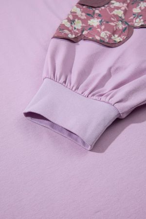 Women’s Plus Size Lavender Top with Floral Patchwork Sleeves