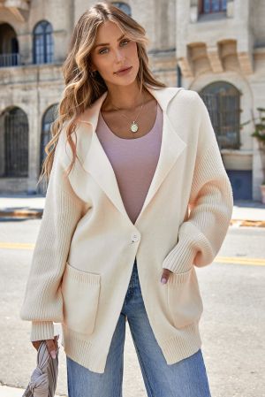 Women’s Beige Knit Cardigan with Single Button and Pockets