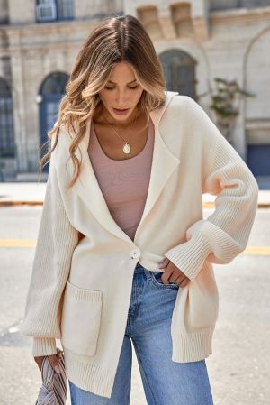 Women’s Beige Knit Cardigan with Single Button and Pockets