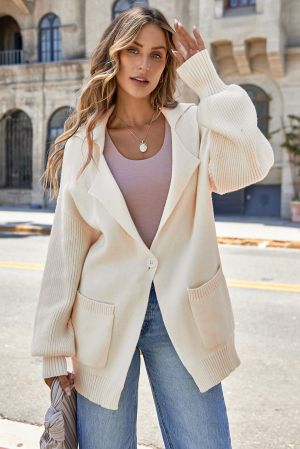 Women’s Beige Knit Cardigan with Single Button and Pockets