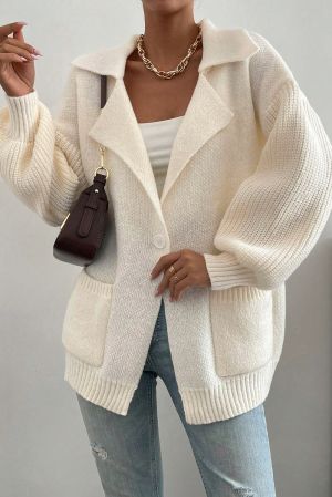 Women’s Beige Knit Cardigan with Single Button and Pockets