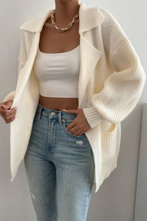 Women’s Beige Knit Cardigan with Single Button and Pockets