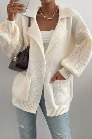 Women’s Beige Knit Cardigan with Single Button and Pockets