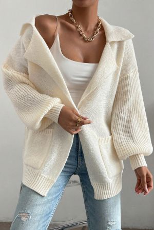 Women’s Beige Knit Cardigan with Single Button and Pockets
