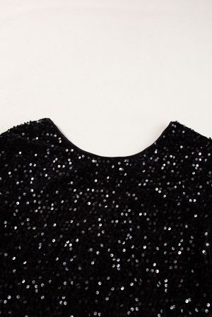 Women's Black Sequin Long Sleeve Cutout Back Top