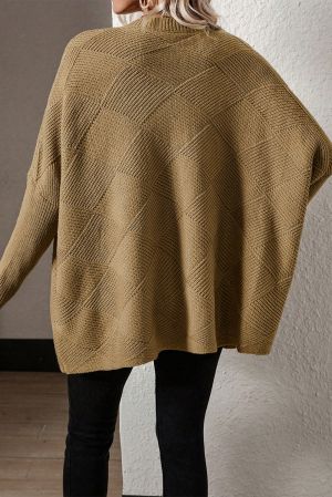 Women’s Beige Knitted Batwing Sleeve Sweater with V-Neck