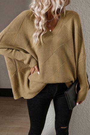 Women’s Beige Knitted Batwing Sleeve Sweater with V-Neck