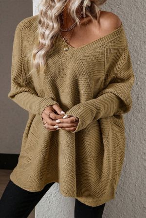 Women’s Beige Knitted Batwing Sleeve Sweater with V-Neck