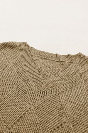 Women’s Beige Knitted Batwing Sleeve Sweater with V-Neck