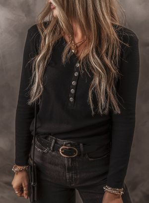 Women’s Black Lace Long Sleeve Blouse with Button Detail