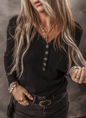 Women’s Black Lace Long Sleeve Blouse with Button Detail