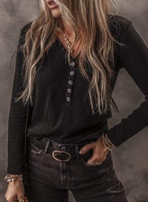 Women’s Black Lace Long Sleeve Blouse with Button Detail
