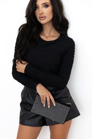 Women’s Black Solid Wavy Textured Slim Fit Long Sleeve Top