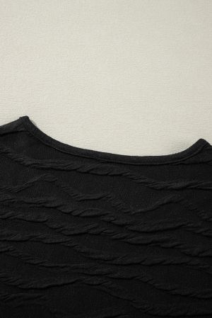 Women’s Black Solid Wavy Textured Slim Fit Long Sleeve Top