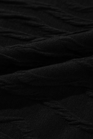 Women’s Black Solid Wavy Textured Slim Fit Long Sleeve Top