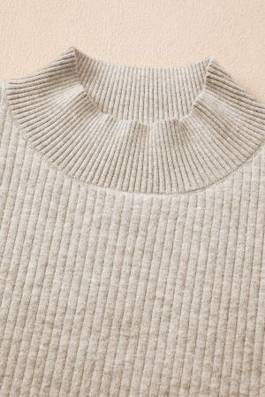 Women’s Beige Thermal Lined Ribbed Sweater with Mock Neck