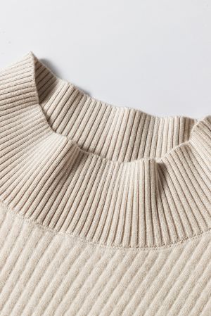 Women’s Beige Thermal Lined Ribbed Sweater with Mock Neck