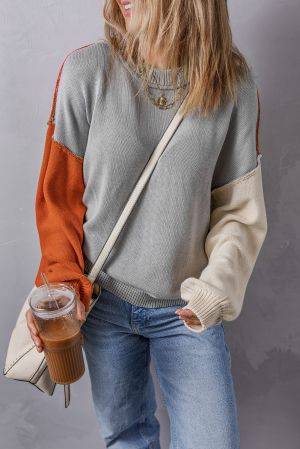 Women’s Color Block Sweater in Gray, Beige and Orange