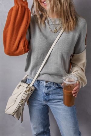 Women’s Color Block Sweater in Gray, Beige and Orange