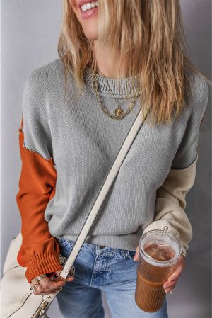 Women’s Color Block Sweater in Gray, Beige and Orange