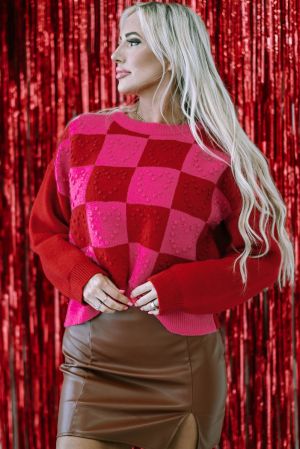 Women’s Red and Pink Checkered Textured Knit Sweater