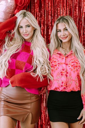 Women’s Red and Pink Checkered Textured Knit Sweater