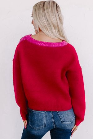 Women’s Red and Pink Checkered Textured Knit Sweater