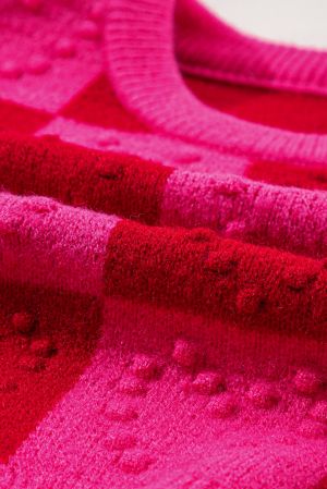 Women’s Red and Pink Checkered Textured Knit Sweater