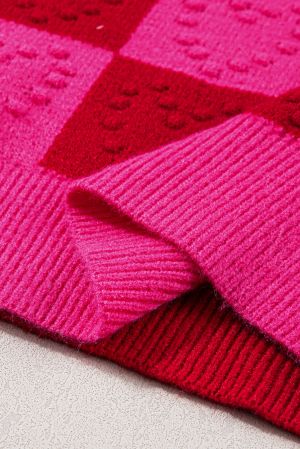 Women’s Red and Pink Checkered Textured Knit Sweater