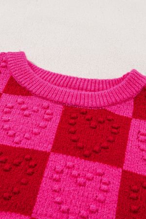 Women’s Red and Pink Checkered Textured Knit Sweater