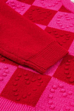 Women’s Red and Pink Checkered Textured Knit Sweater