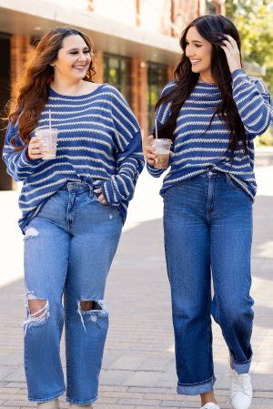 Women’s Navy and White Striped Sweater