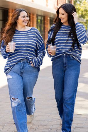 Women’s Navy and White Striped Sweater