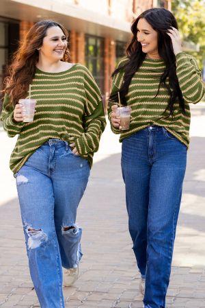 Women’s Green and Beige Striped Sweater